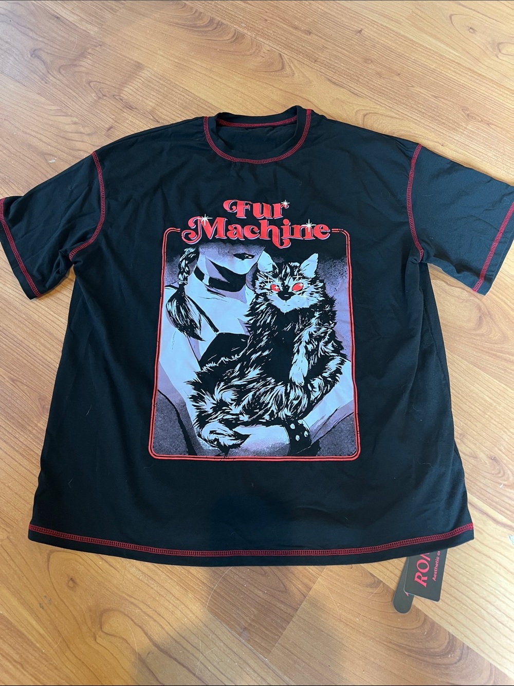 Fur Machine Black T shirt S with Red Trim and demon Cat Goth